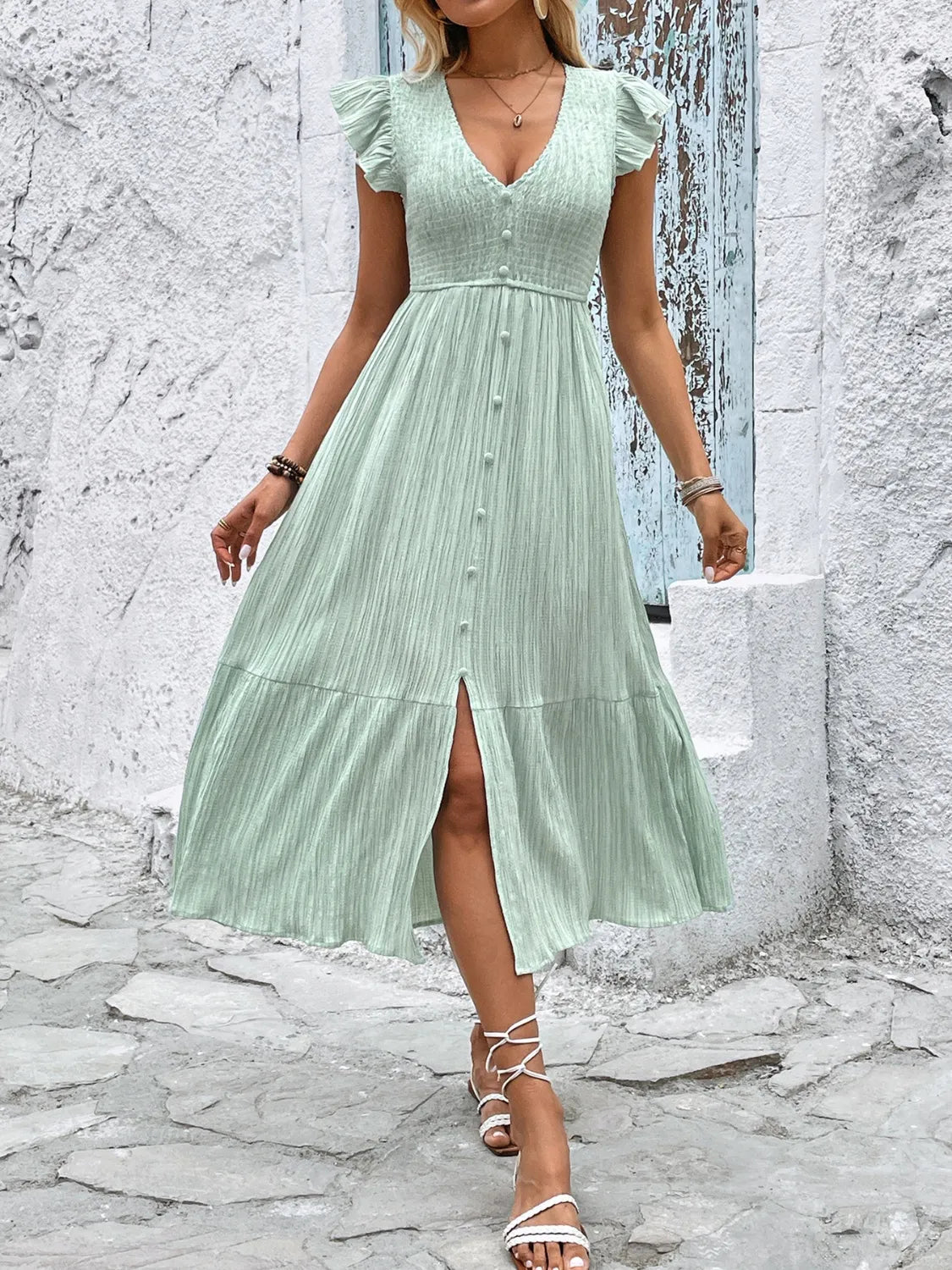 V - Neck Ruffled Cap Sleeve Dress