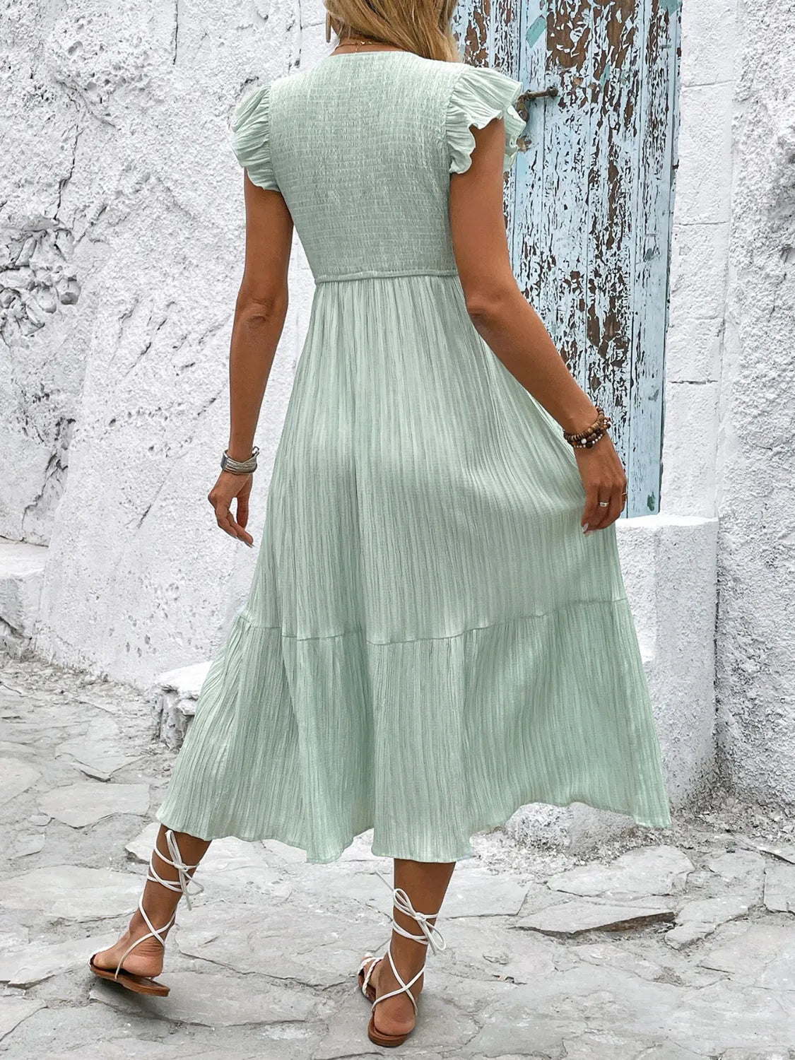 V - Neck Ruffled Cap Sleeve Dress