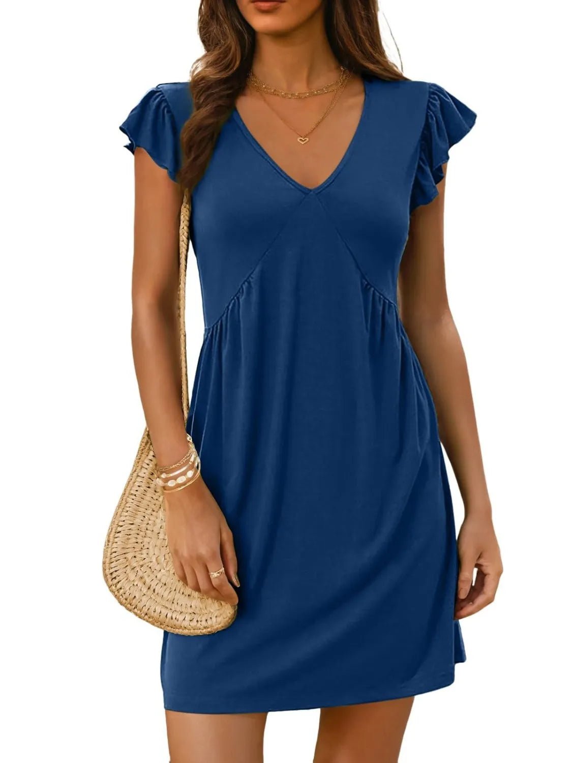 V - Neck Ruffled Cap Sleeve Mini Dress