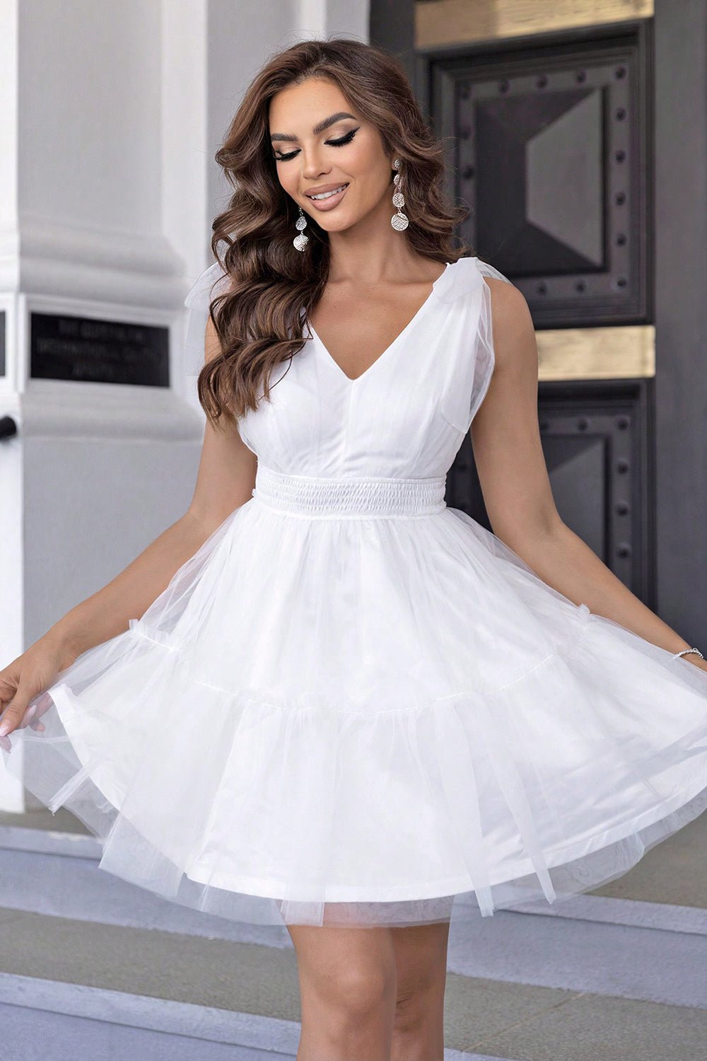 V - Neck Shoulder Detail Mesh Dress