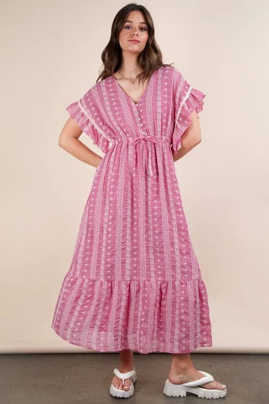 VERY J Embroidered Boho Ruffled Midi Dress