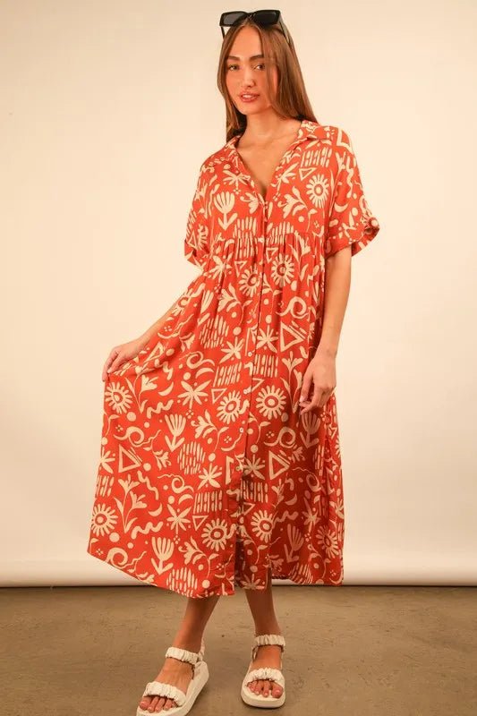 VERY J Full Size Oversized Printed Shirt Midi Dress Plus Size