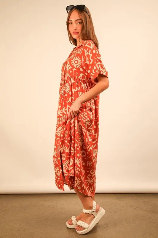 VERY J Full Size Oversized Printed Shirt Midi Dress Plus Size