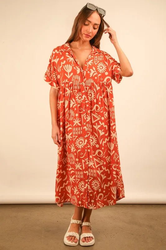 VERY J Full Size Oversized Printed Shirt Midi Dress Plus Size