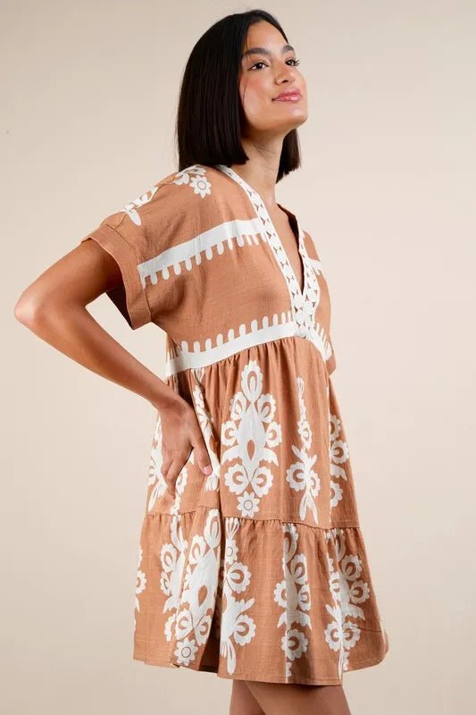VERY J Plus Size Printed V - Neck Woven Mini Dress