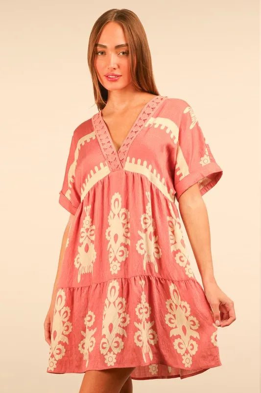 VERY J Plus Size Printed V - Neck Woven Mini Dress