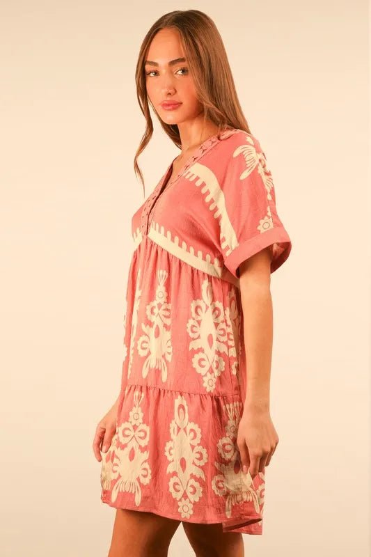 VERY J Plus Size Printed V - Neck Woven Mini Dress