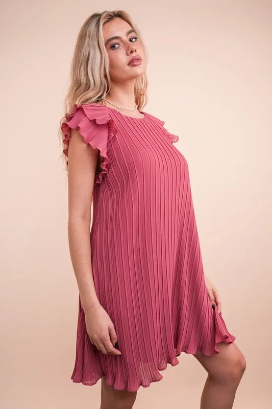 VERY J Plus Size Ruffle Sleeve Pleated Woven Mini Dress