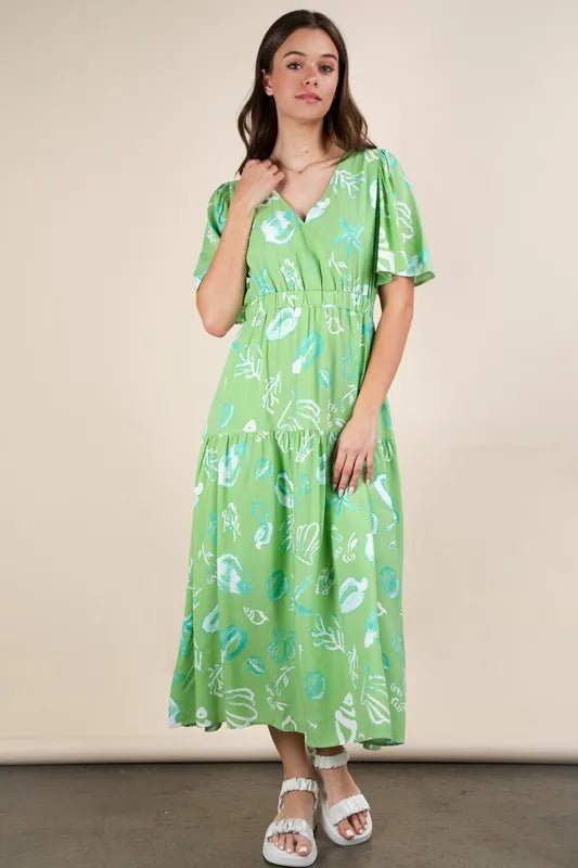 VERY J Printed V - Neck Resort Midi Dress