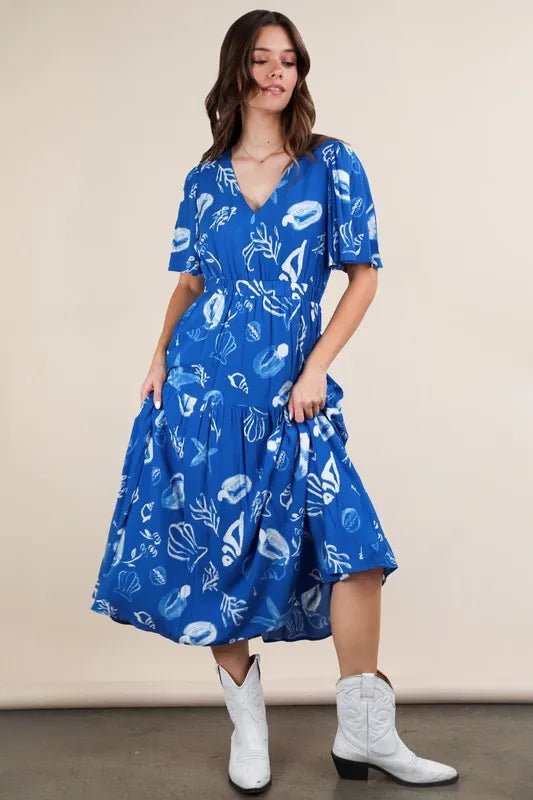 VERY J Printed V - Neck Resort Midi Dress