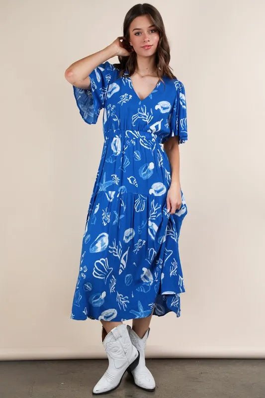VERY J Printed V - Neck Resort Midi Dress