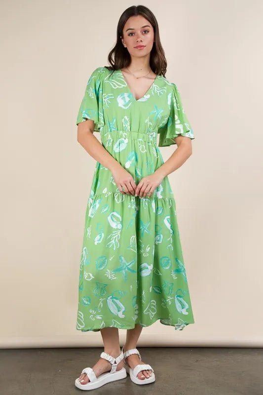 VERY J Printed V - Neck Resort Midi Dress