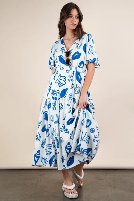 VERY J Printed V - Neck Resort Midi Dress
