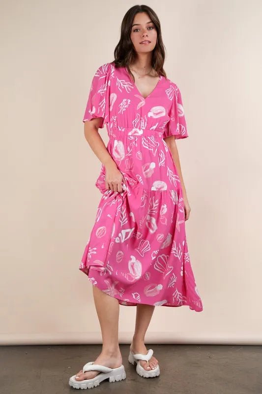 VERY J Printed V - Neck Resort Midi Dress