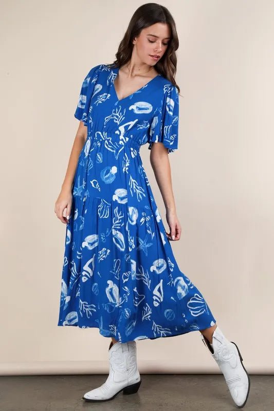 VERY J Printed V - Neck Resort Midi Dress