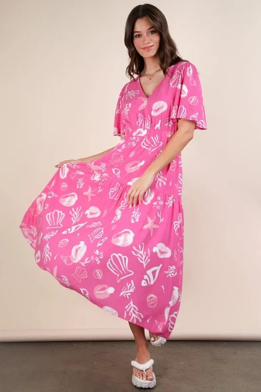 VERY J Printed V - Neck Resort Midi Dress