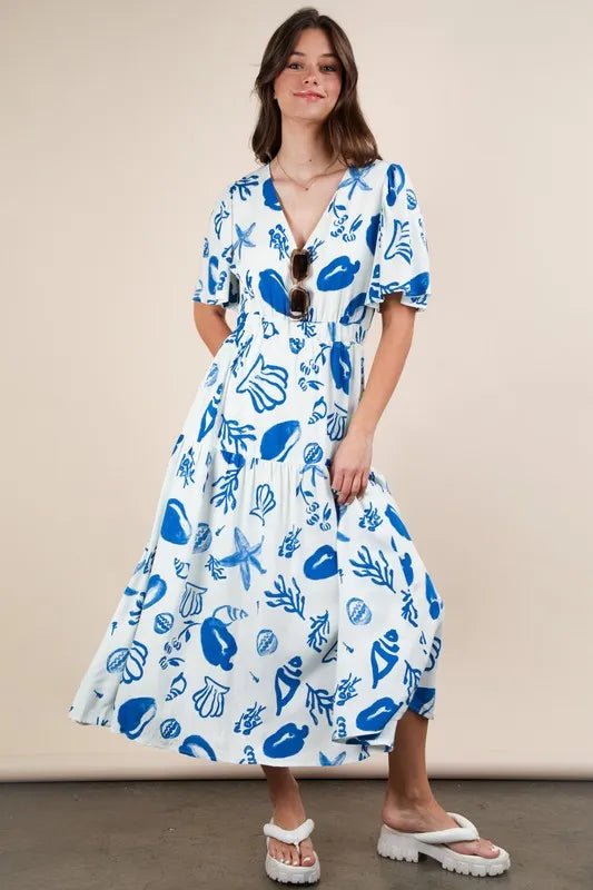VERY J Printed V - Neck Resort Midi Dress