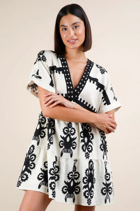 VERY J Printed V - Neck Woven Mini Dress