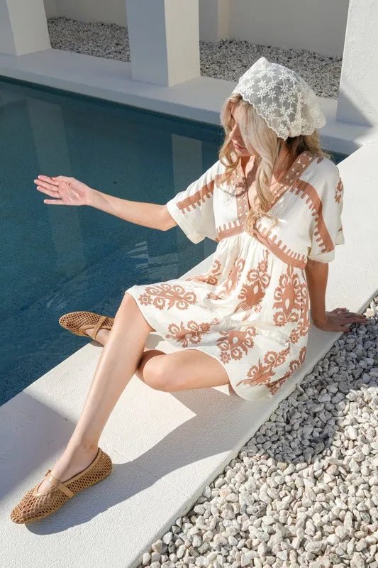 VERY J Printed V - Neck Woven Mini Dress