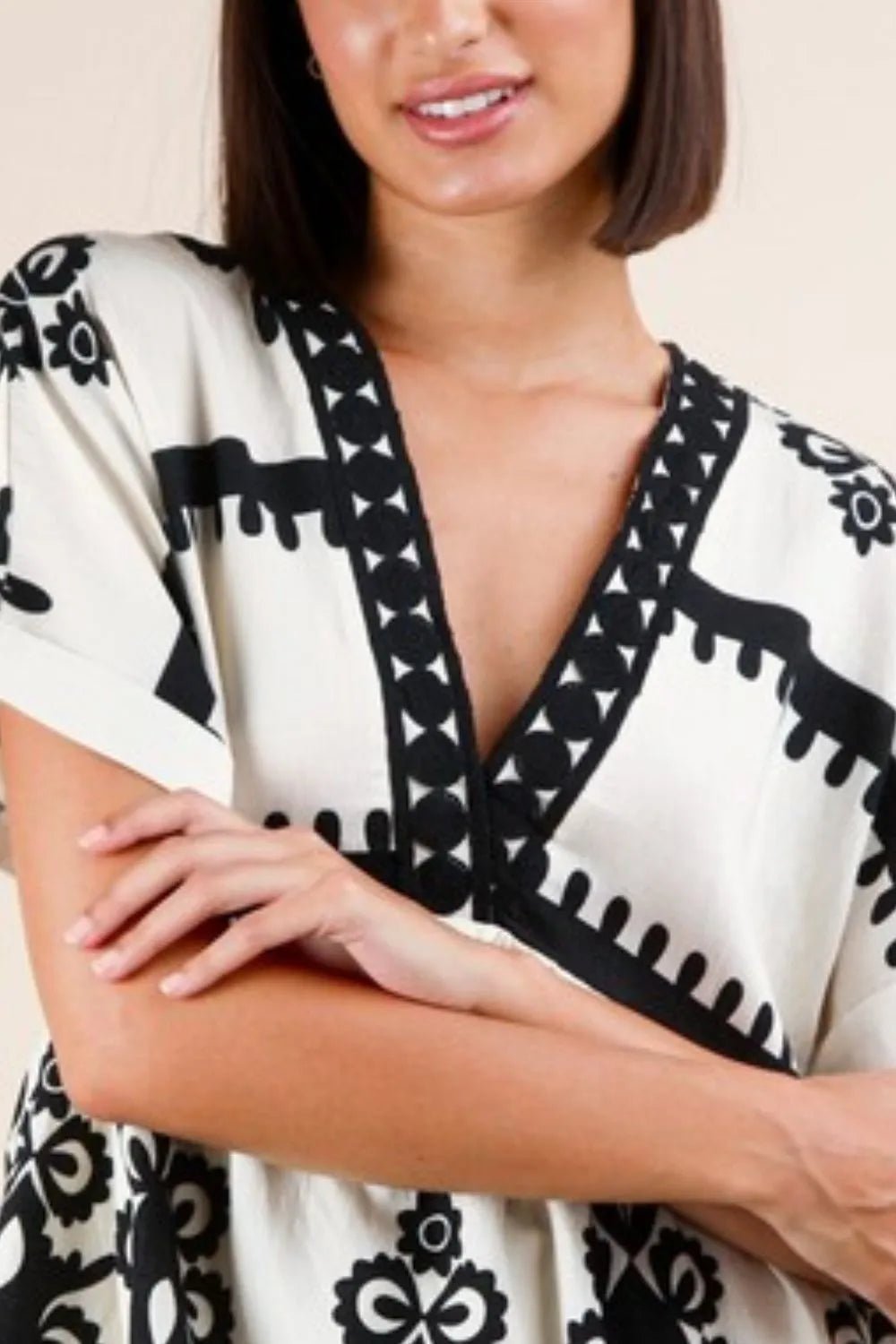 VERY J Printed V - Neck Woven Mini Dress