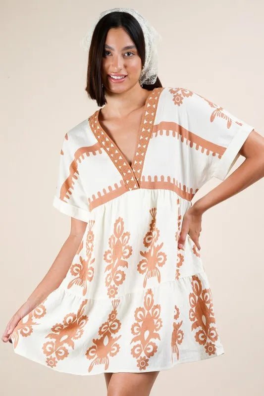 VERY J Printed V - Neck Woven Mini Dress