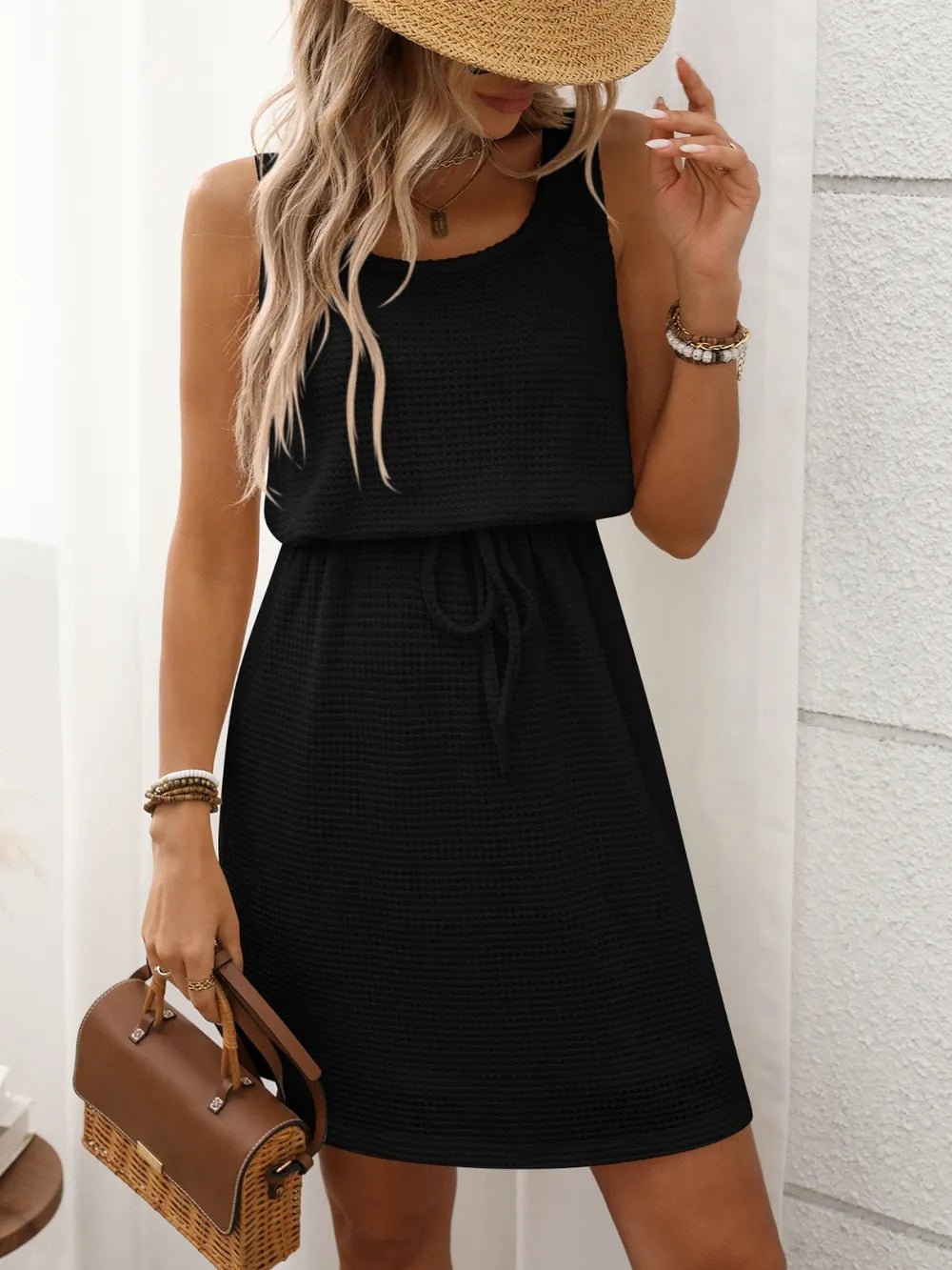 Waffle - Knit Drawstring Mini Tank Dress