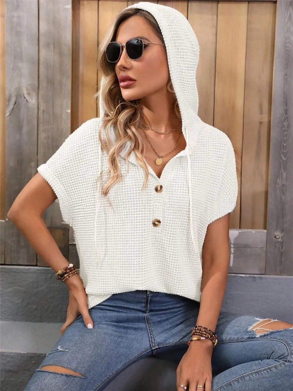 Waffle - Knit Hooded Short Sleeve Top
