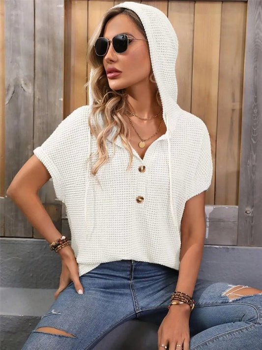 Waffle - Knit Hooded Short Sleeve Top