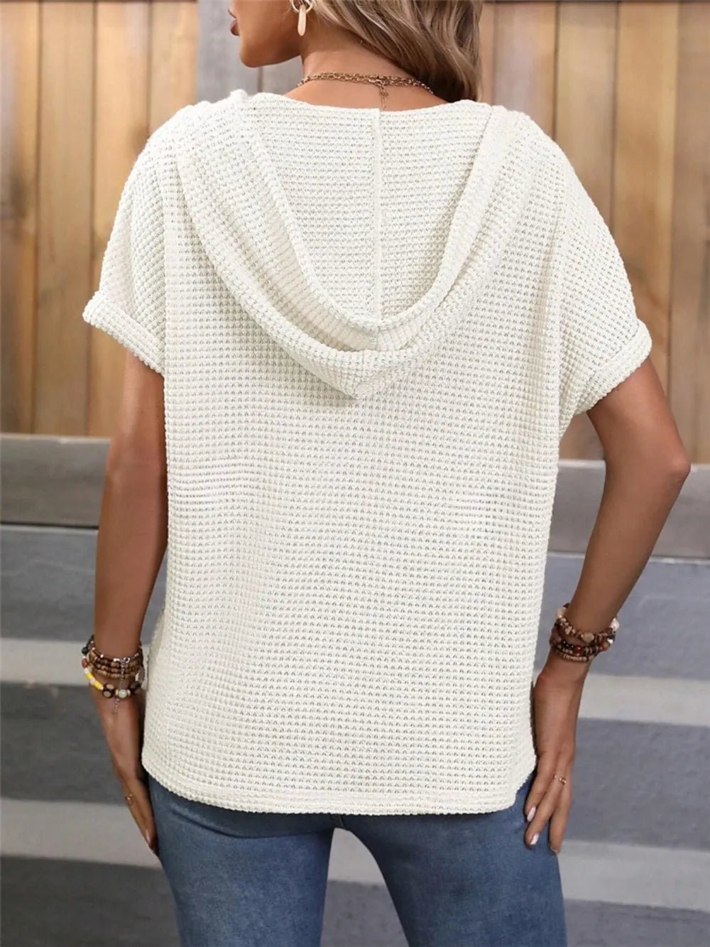 Waffle - Knit Hooded Short Sleeve Top