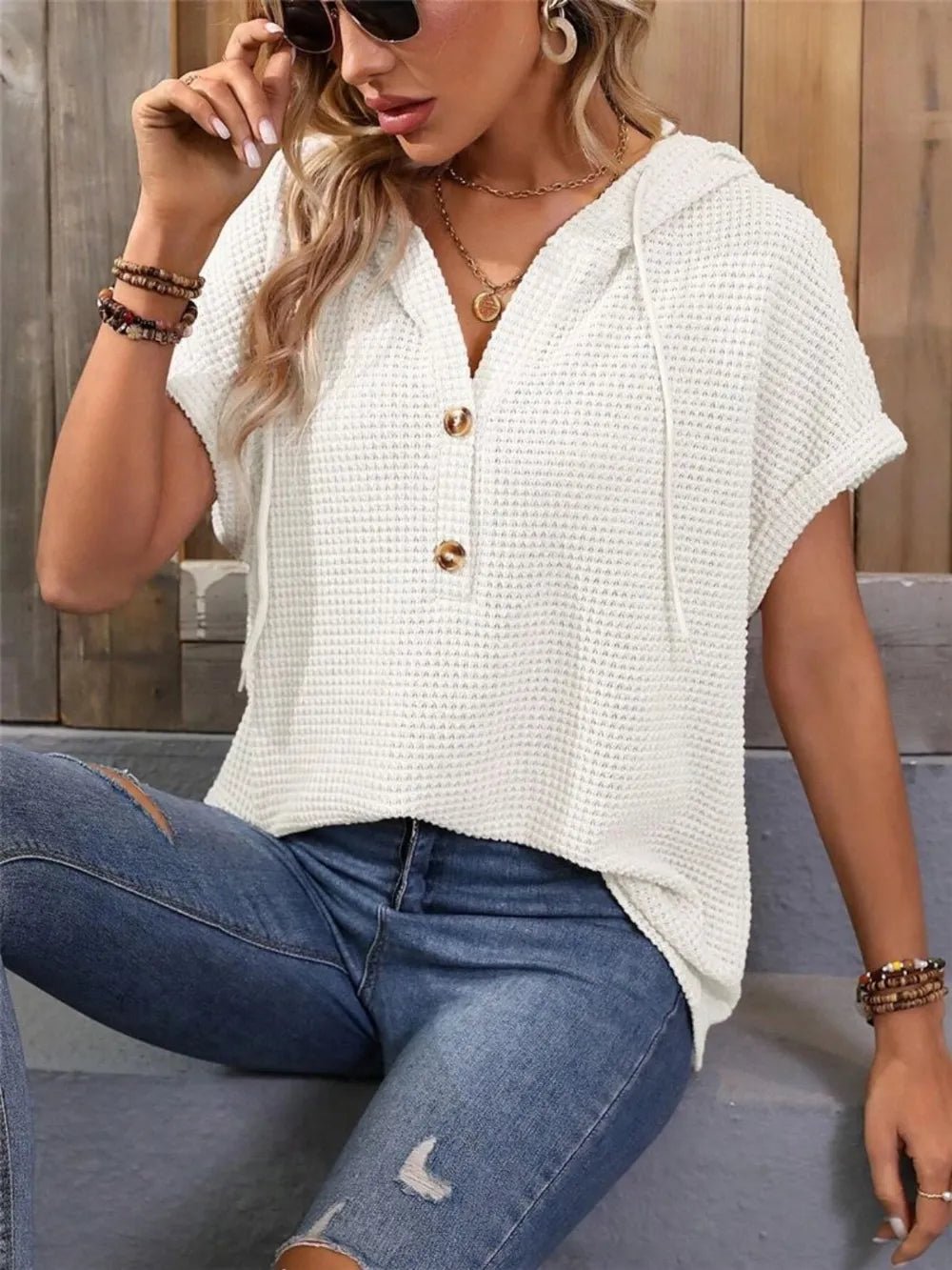 Waffle - Knit Hooded Short Sleeve Top
