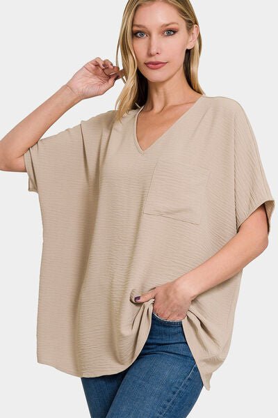 Zenana Full Size Texture V - Neck Short Sleeve Top