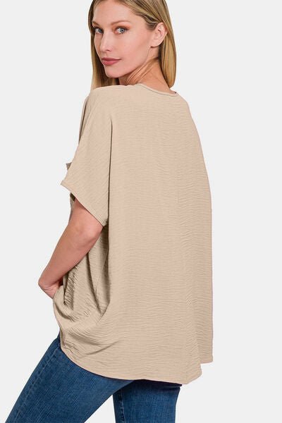 Zenana Full Size Texture V - Neck Short Sleeve Top