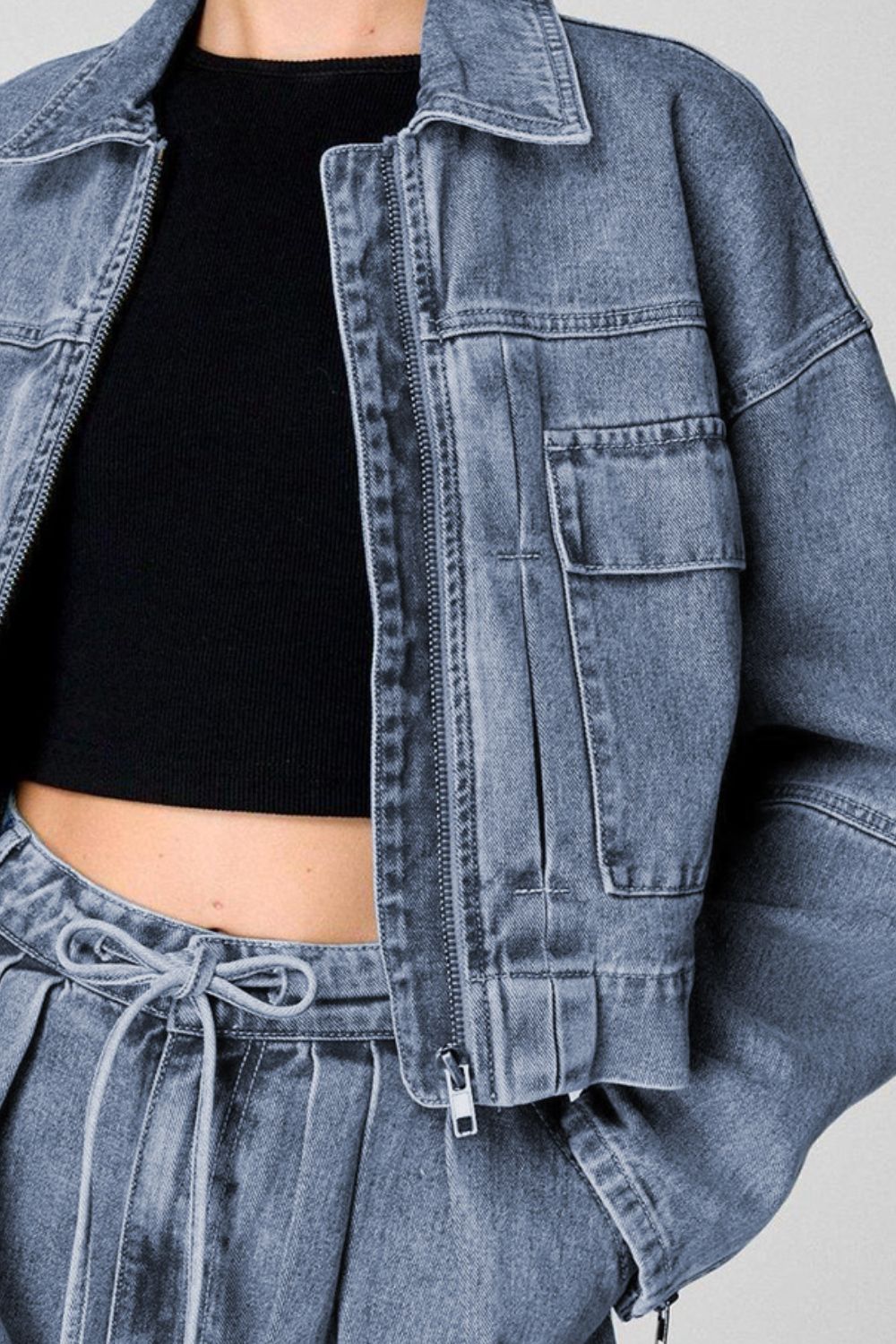 Zip Up Cropped Cargo Denim Jacket