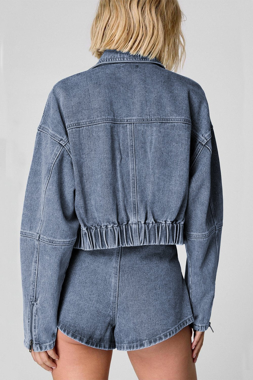 Zip Up Cropped Cargo Denim Jacket