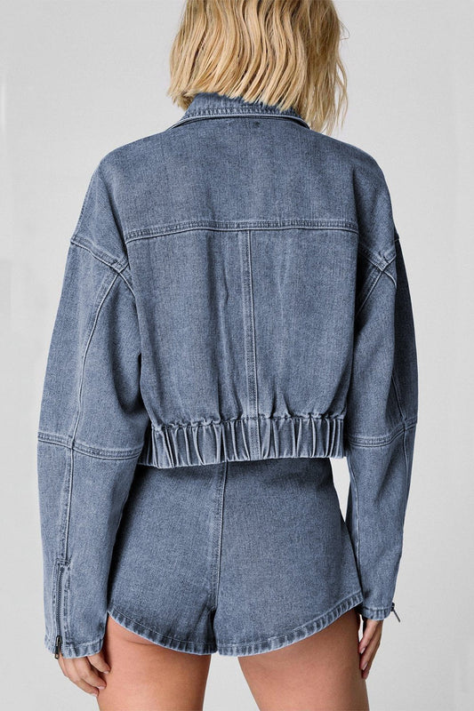 Zip Up Cropped Cargo Denim Jacket