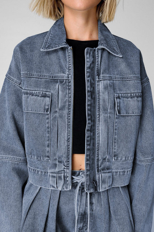Zip Up Cropped Cargo Denim Jacket